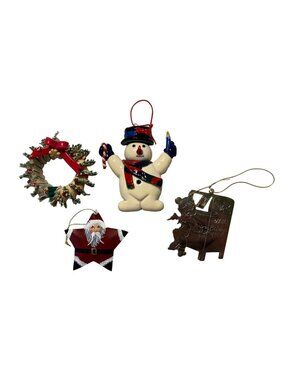 4 Vintage Handcrafted Christmas Ornaments: Snowman Santa Star Wreath Angel
